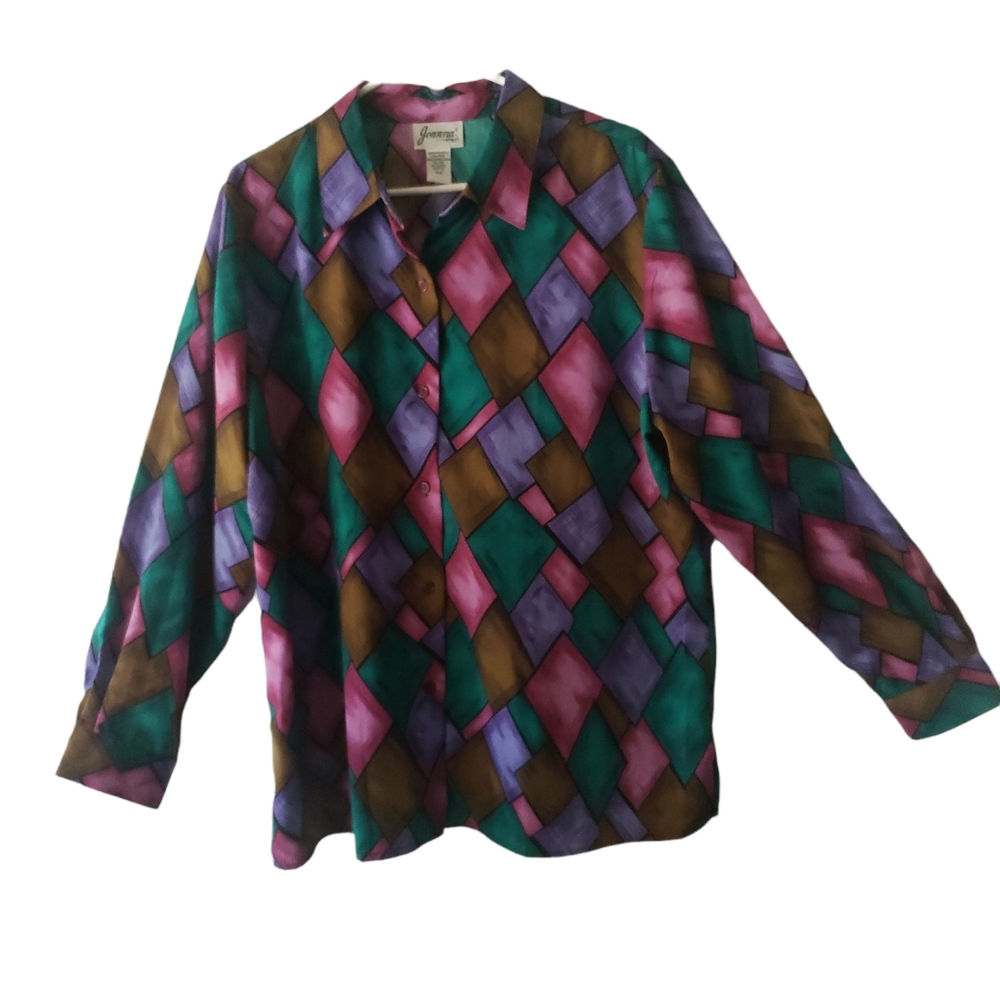 Joanna Women's Vintage Long Sleeve Multi-colored button down blouse Sz XL